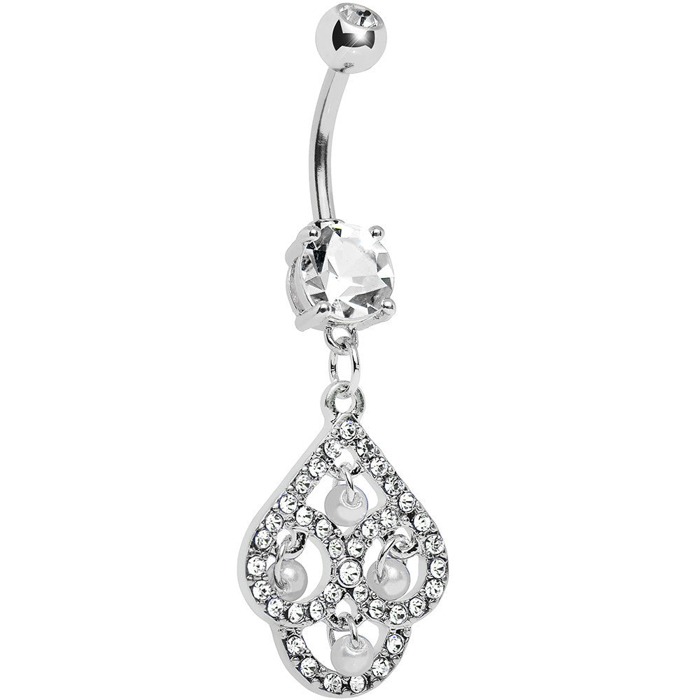 Crystalline Gem Faux Pearl Swirl Dangle Belly Ring