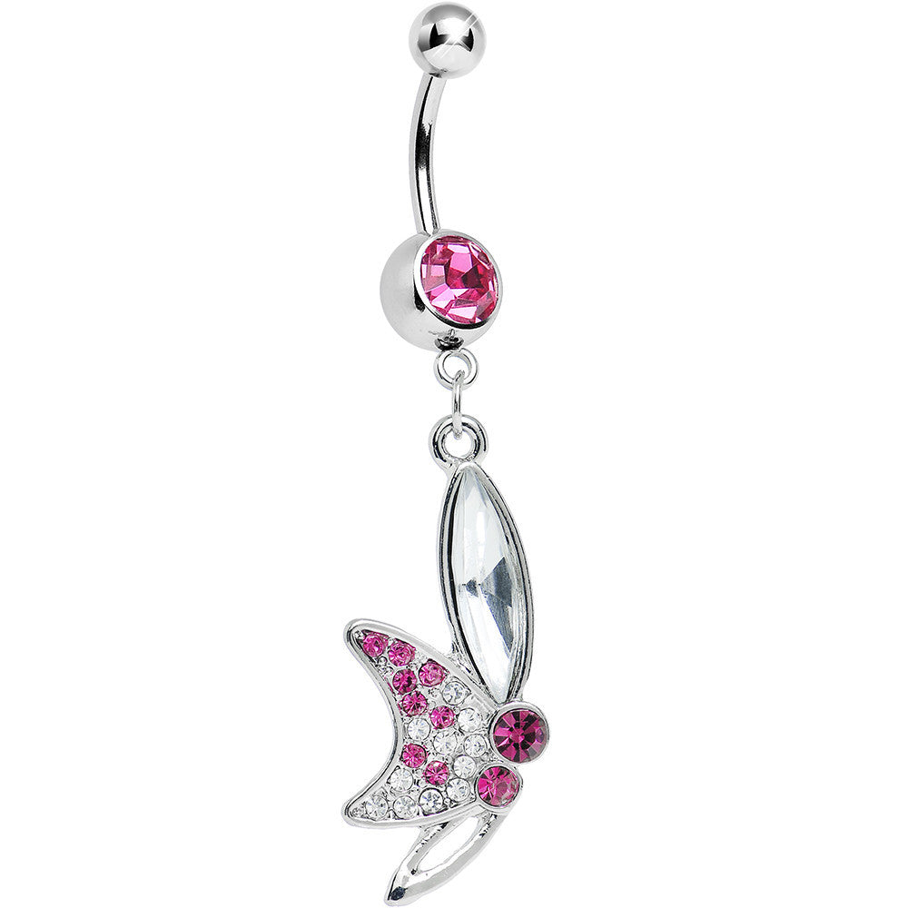 Pink Gem Sideways Butterfly Dangle Belly Ring