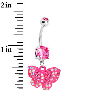 Pink Gem Sparkling Butterfly Dangle Belly Ring