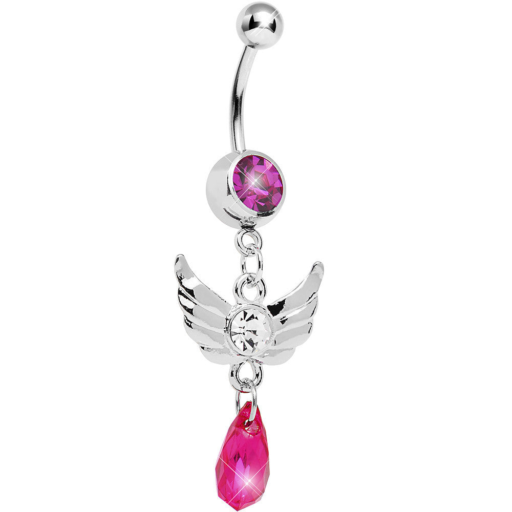 Pink Gem Teardrop Angel Wing Dangle Belly Ring