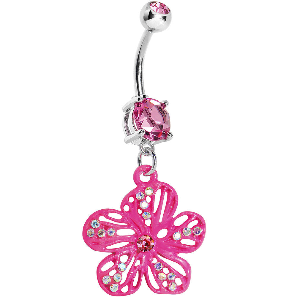 Pink Gem Aurora Hibiscus Flower Belly Ring