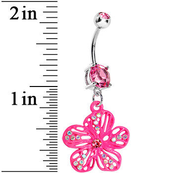 Pink Gem Aurora Hibiscus Flower Belly Ring