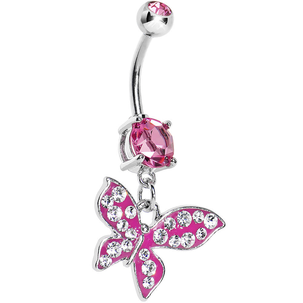 Pink Gem Paved Flyaway Butterfly Belly Ring