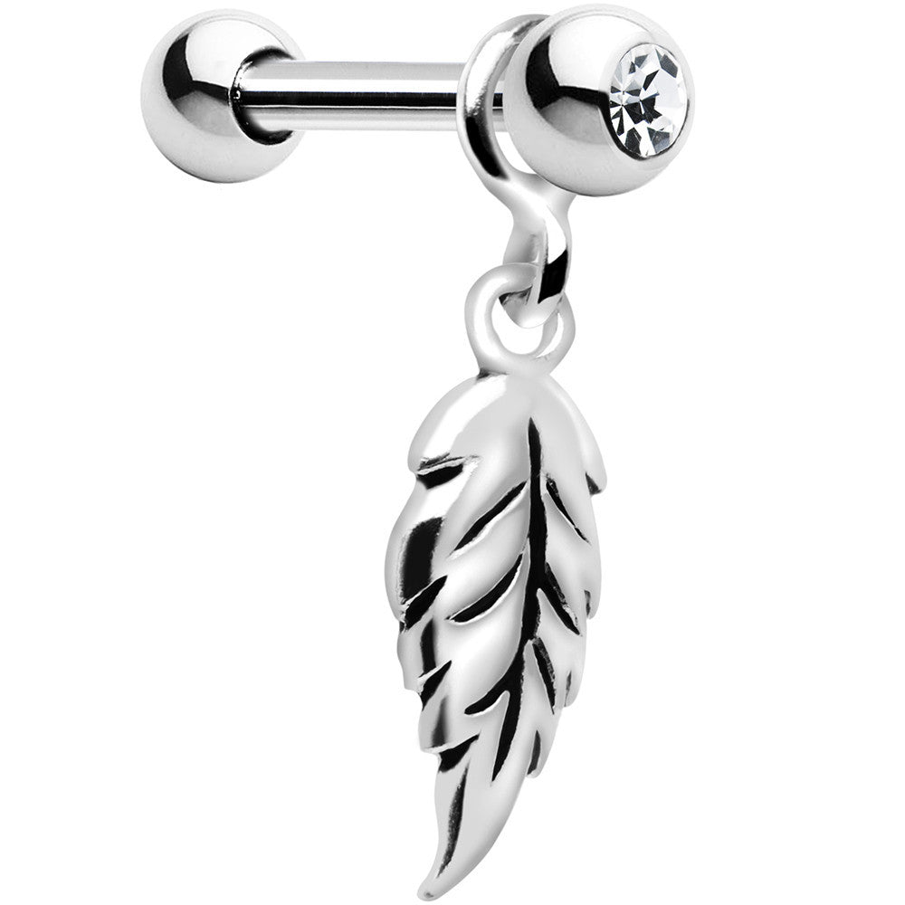 Silver 925 Crystalline Gem Falling Feather Dangle Cartilage Earring