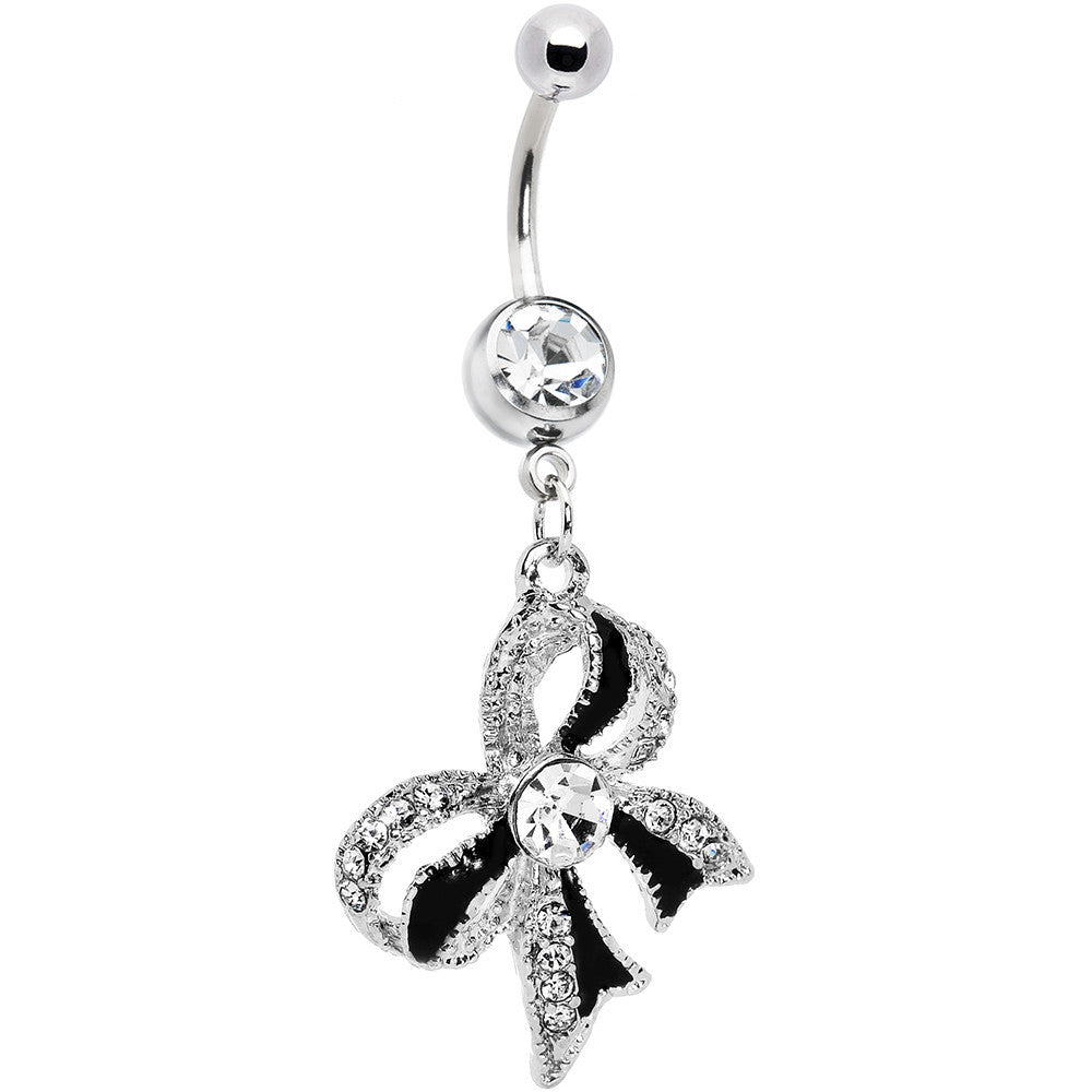 Crystalline Gem Black Tie Bow Dangle Belly Ring
