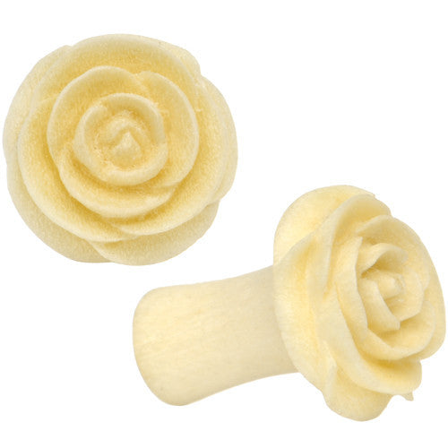 2G Organic White Crocodile Wood Rose Flower Hand Carved Plug Set