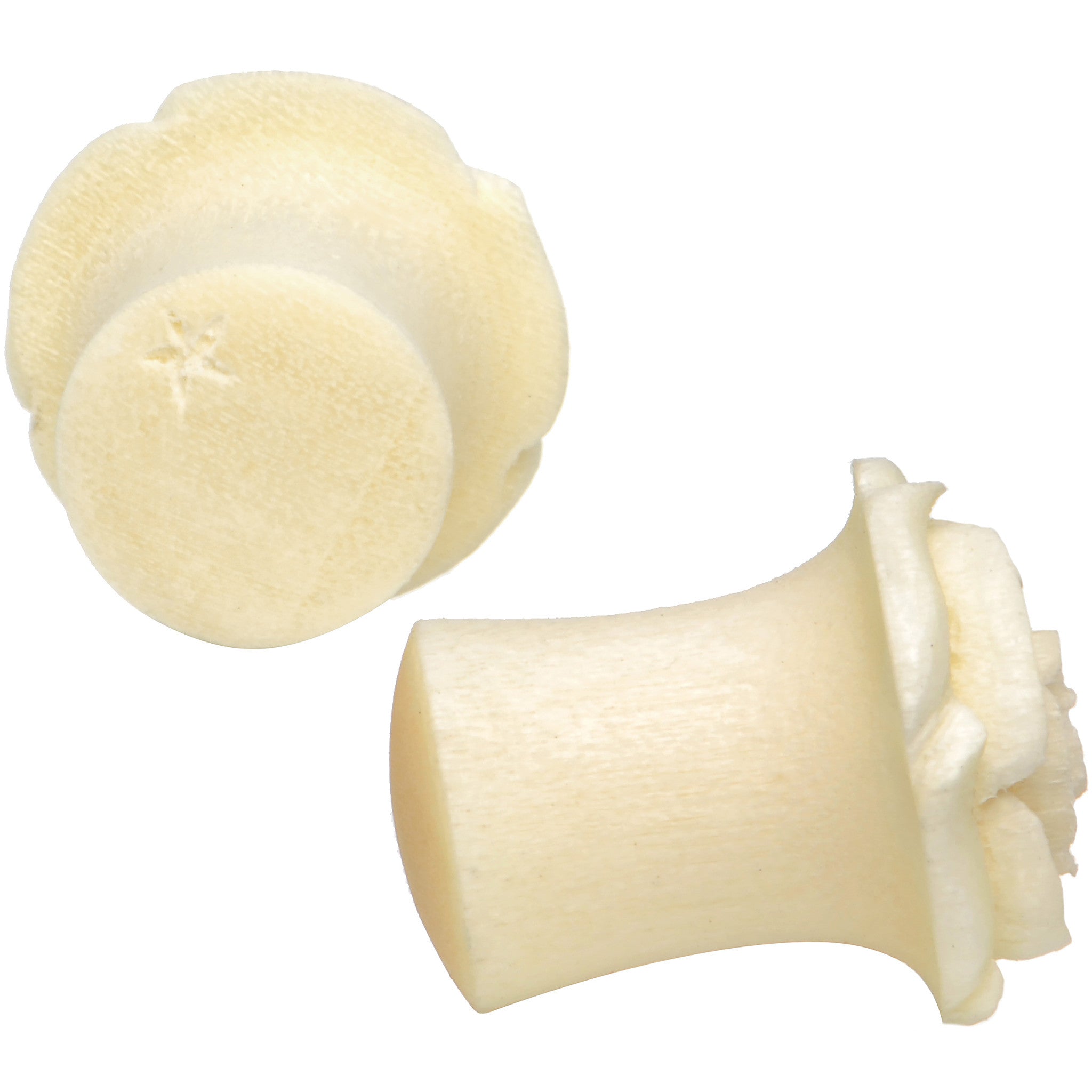 0G Organic White Crocodile Wood Rose Flower Hand Carved Plug Set