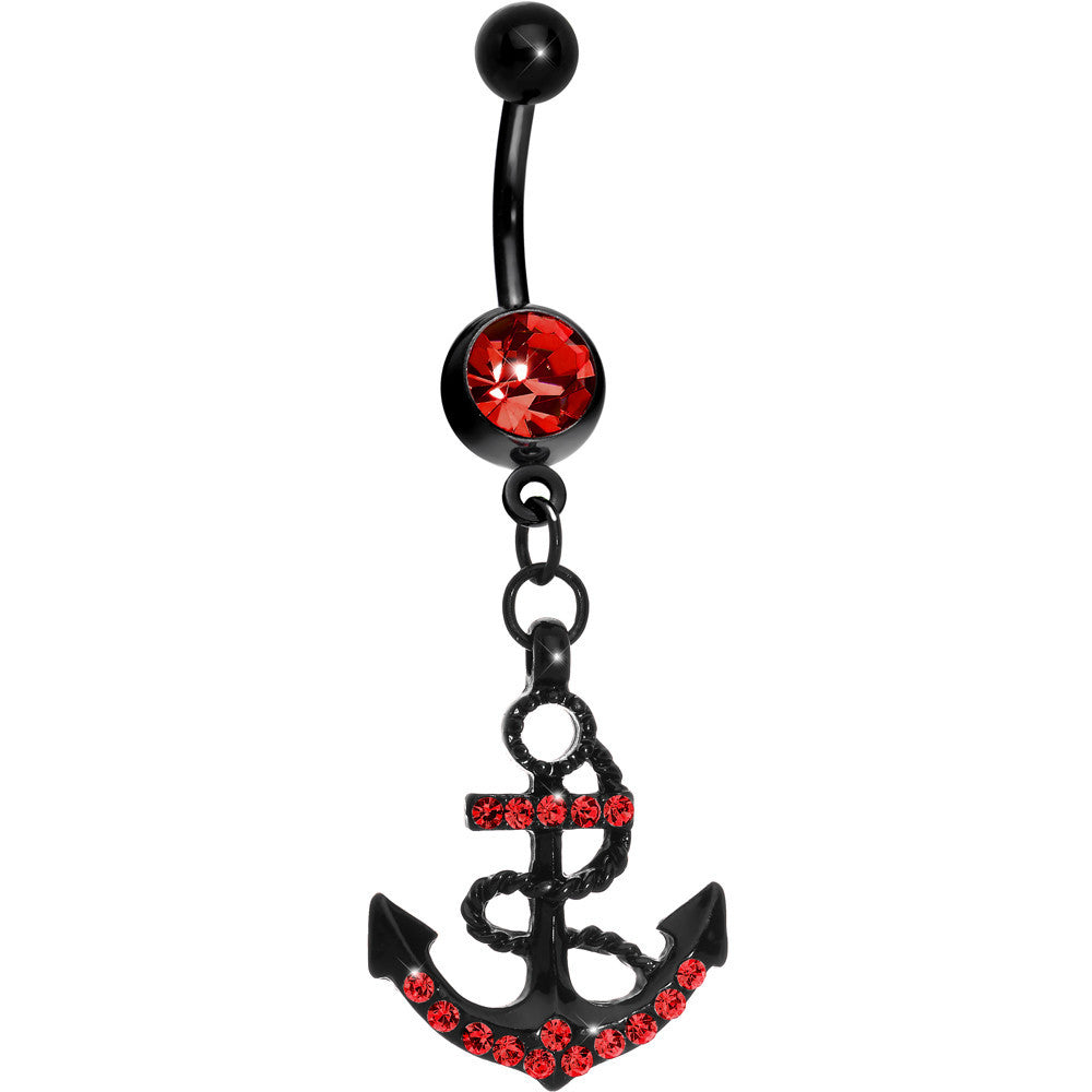Red Gem Paved Black Anchor Dangle Belly Ring