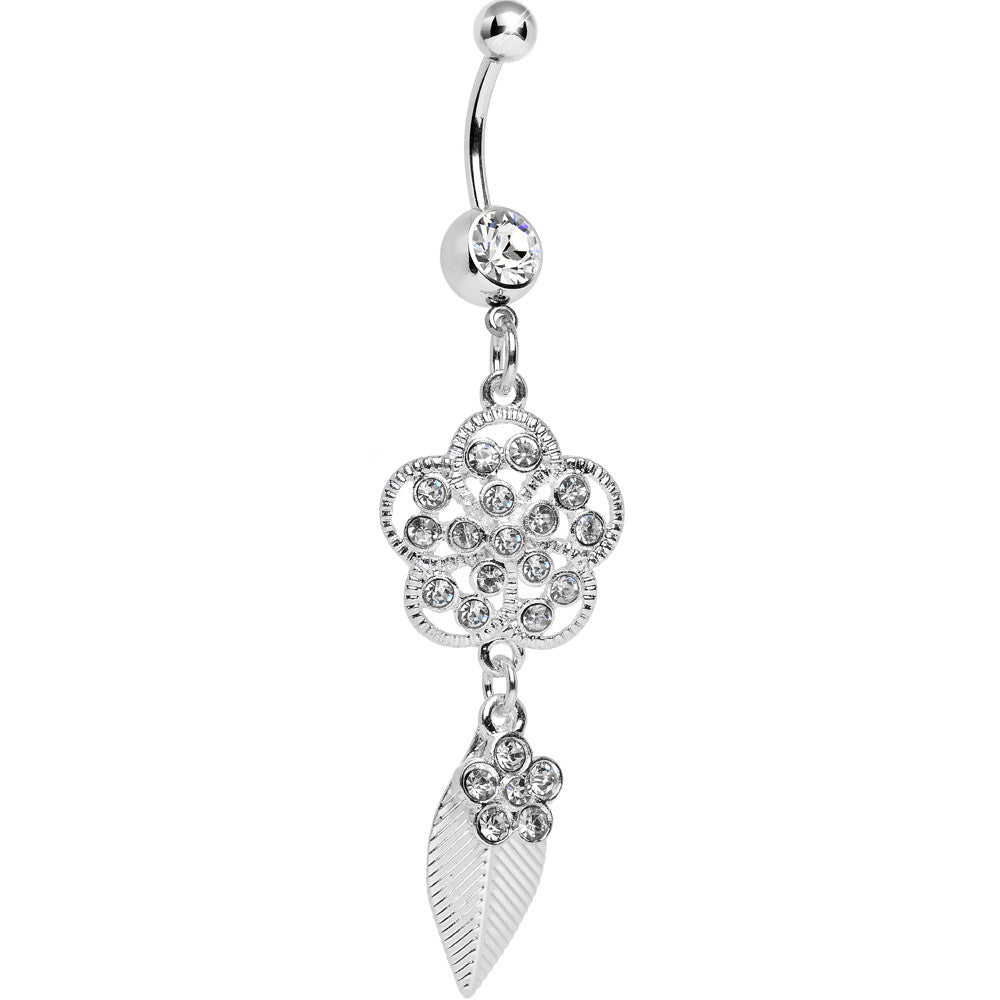 Clear Crystalline Gem Flower Falling Leaf Belly Ring