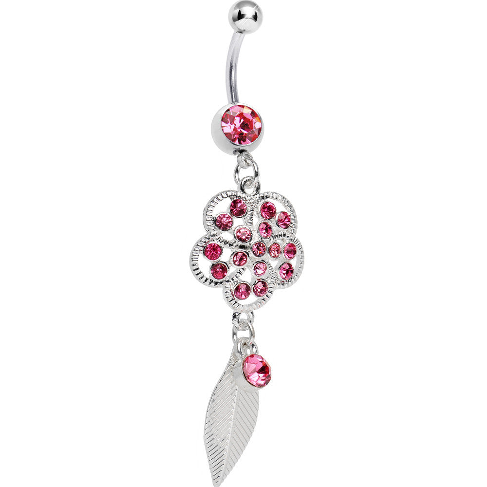 Pink Gem Flower Falling Leaf Belly Ring