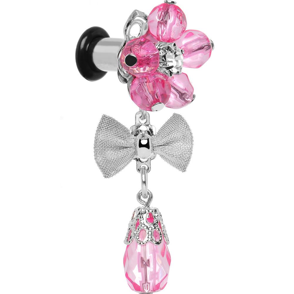 Steel Pink Flower Mesh Bow Dangle Plug Sizes 5mm to 12mm