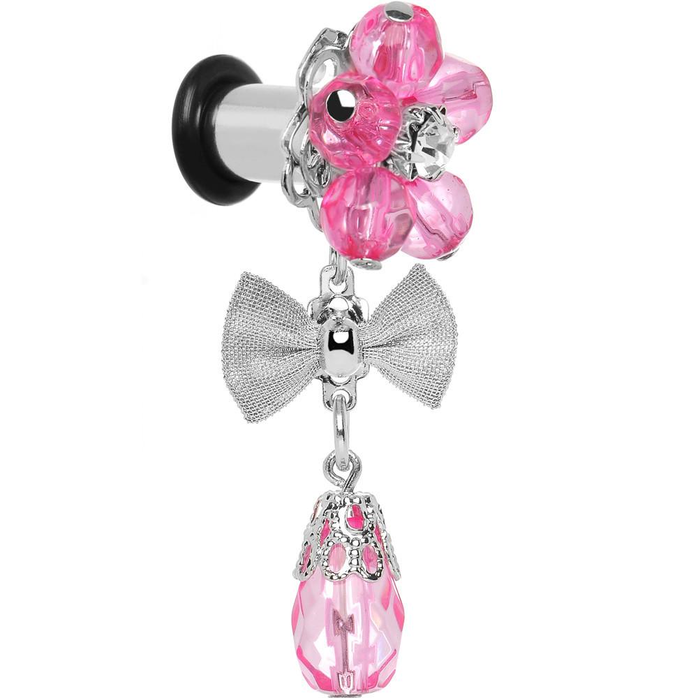 Steel Pink Flower Mesh Bow Dangle Plug Sizes 5mm to 12mm