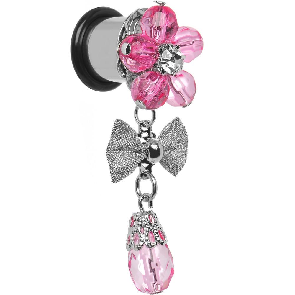 Steel Pink Flower Mesh Bow Dangle Plug Sizes 5mm to 12mm