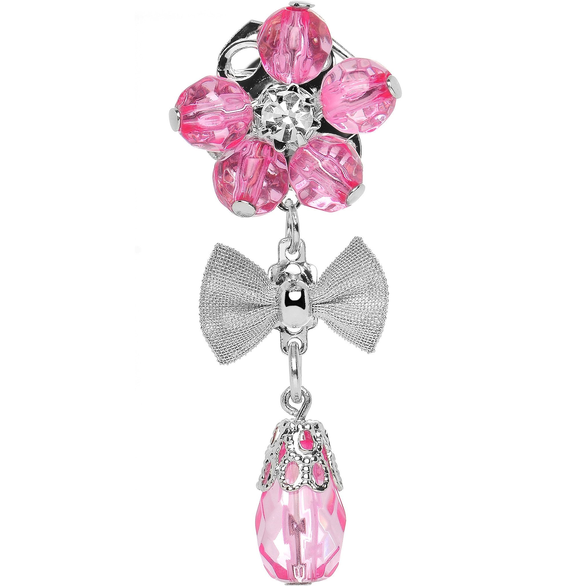 Steel Pink Flower Mesh Bow Dangle Plug Sizes 5mm to 12mm