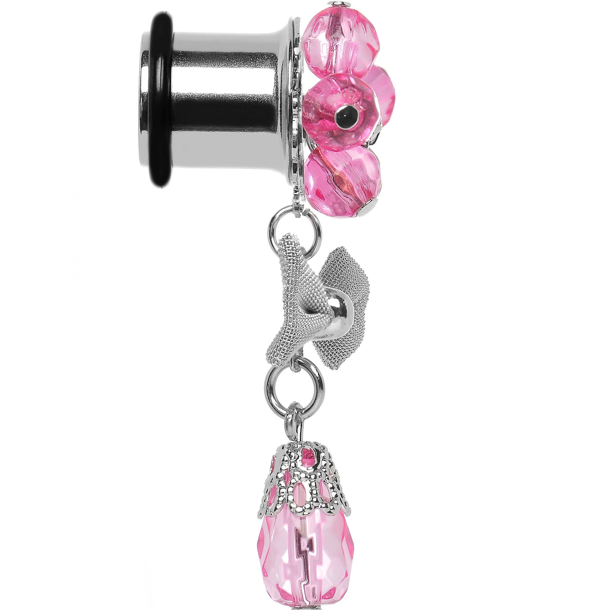 Steel Pink Flower Mesh Bow Dangle Plug Sizes 5mm to 12mm