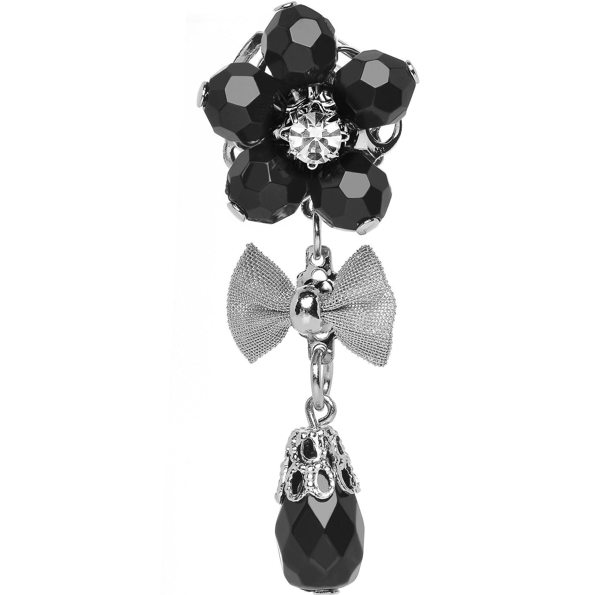 Steel Black Flower Mesh Bow Dangle Plug Sizes 5mm to 12mm