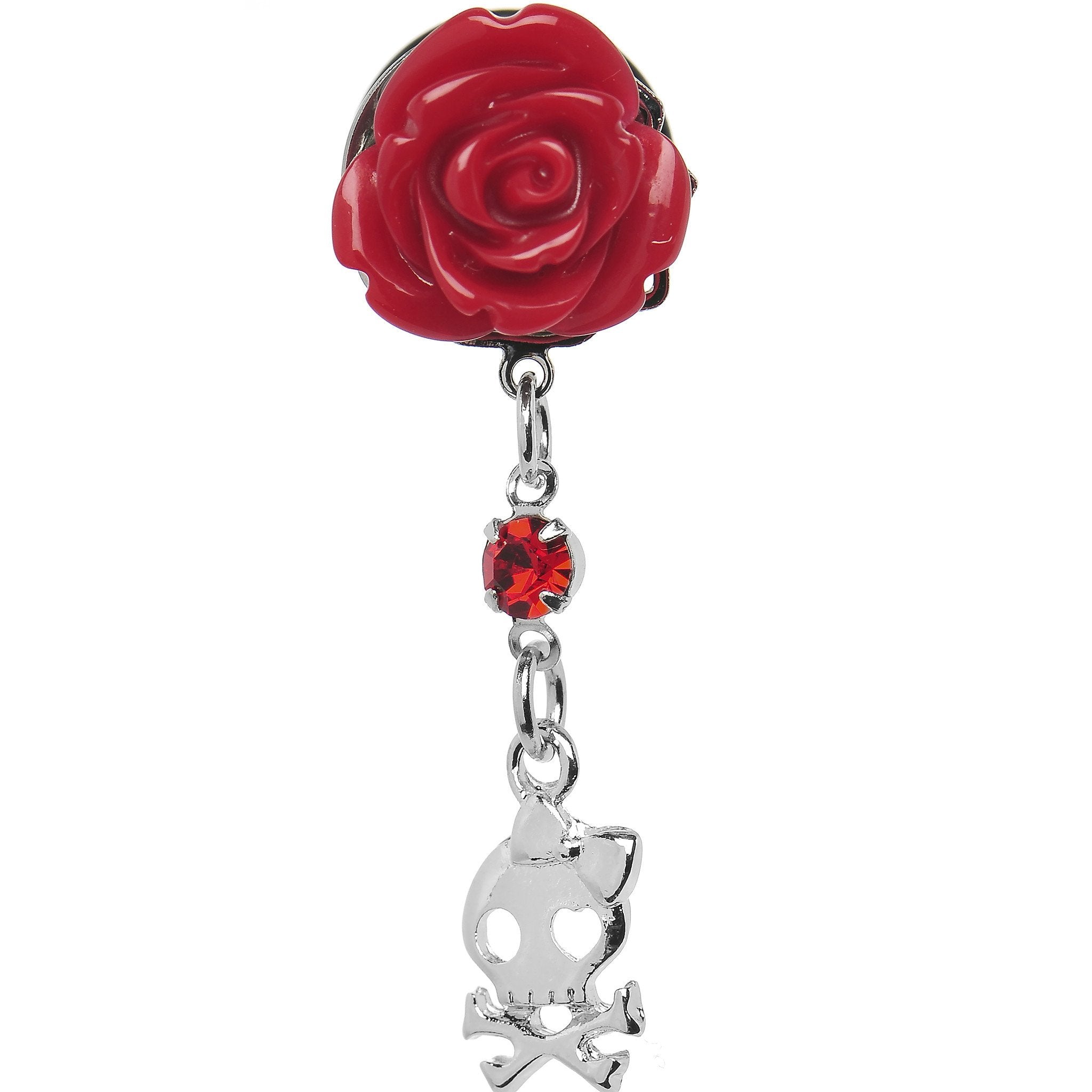 Red Rose Flower Skull Crossbones Dangle Plug Sizes 5mm to 12mm