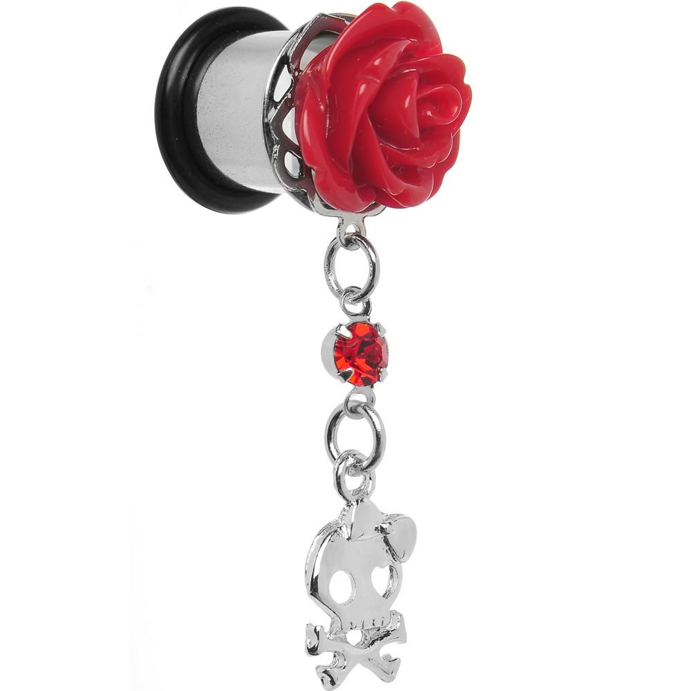 Red Rose Flower Skull Crossbones Dangle Plug Sizes 5mm to 12mm