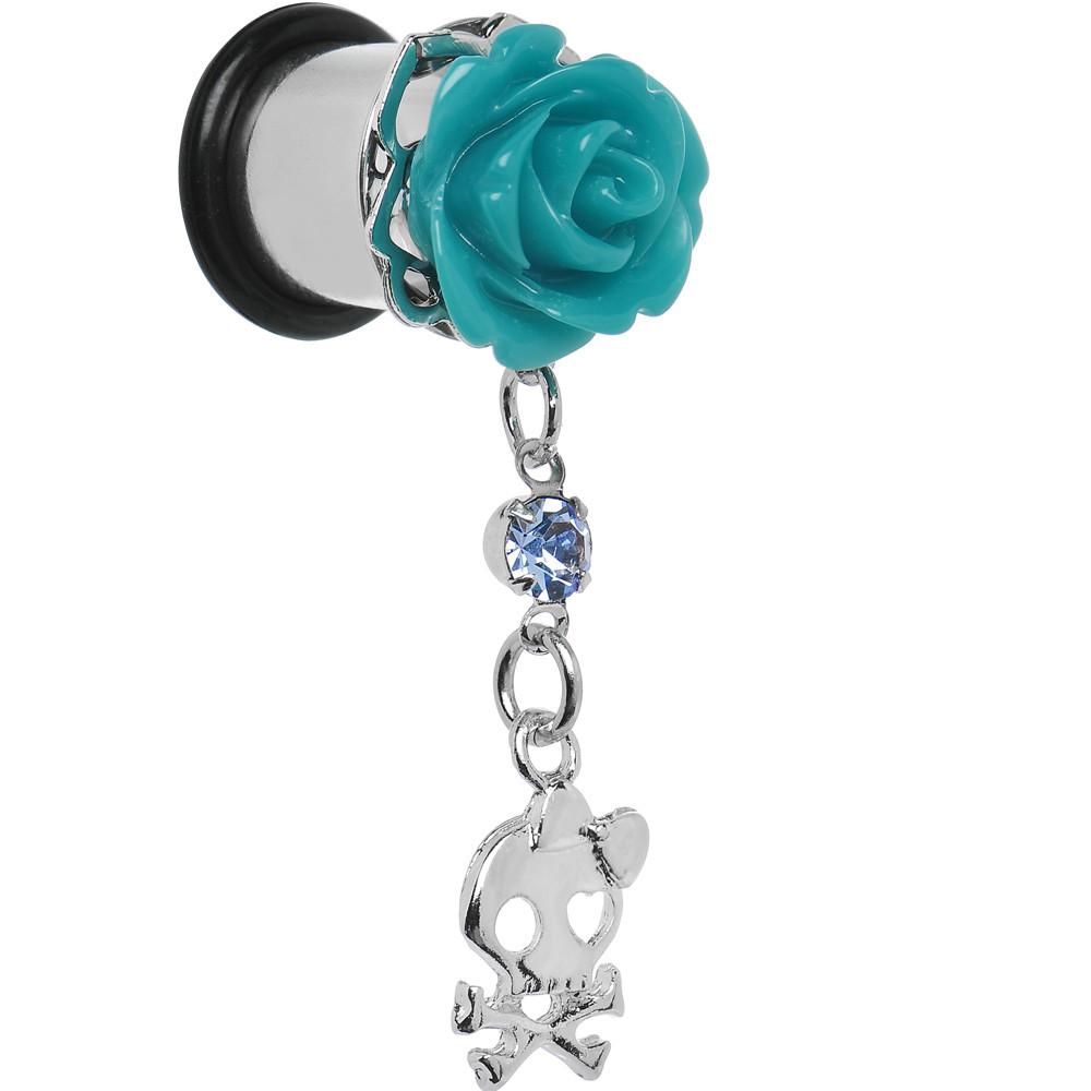 Aqua Rose Flower Skull Crossbones Dangle Plug Sizes 5mm to 12mm