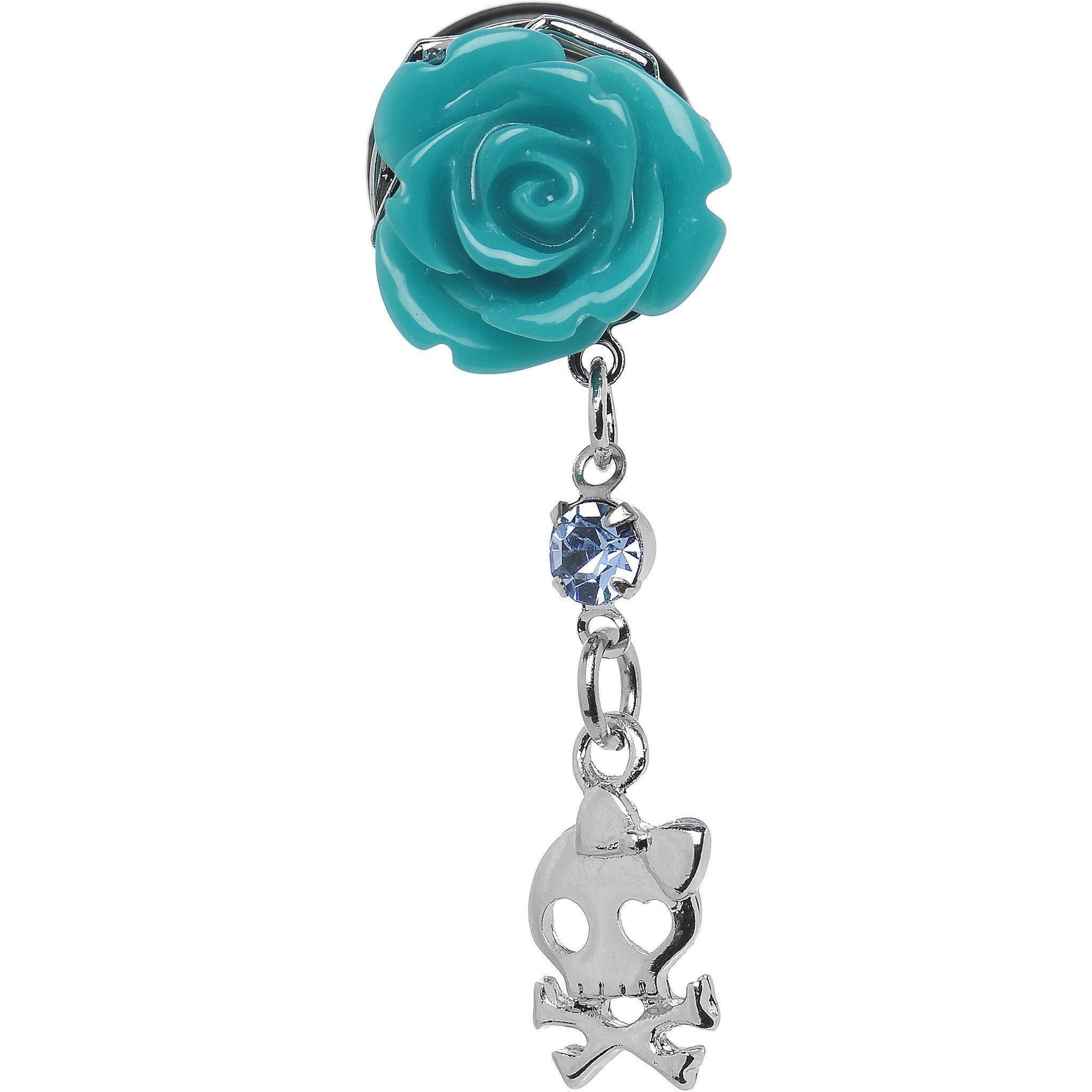 Aqua Rose Flower Skull Crossbones Dangle Plug Sizes 5mm to 12mm