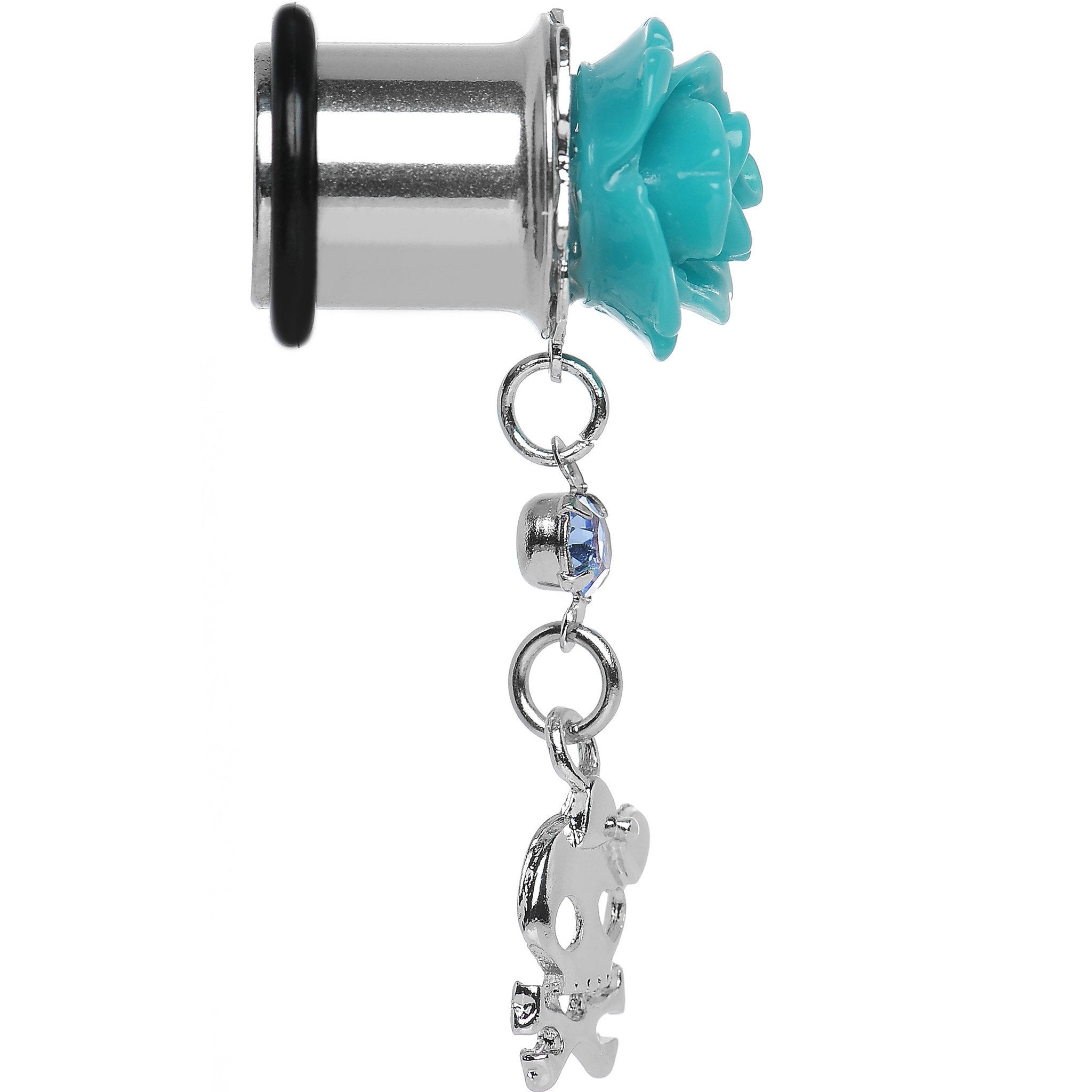 Aqua Rose Flower Skull Crossbones Dangle Plug Sizes 5mm to 12mm
