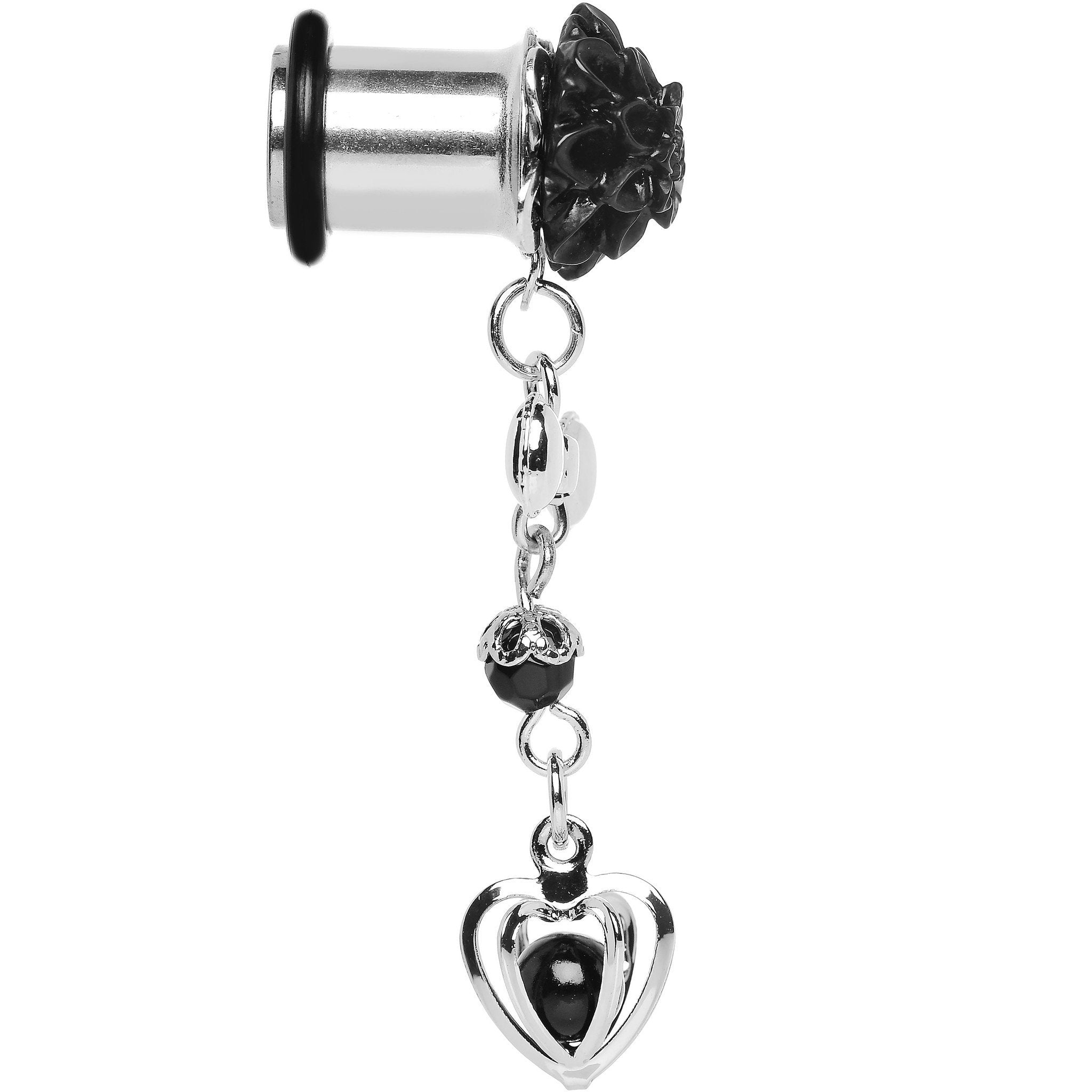 0G Black Flower Heart to Heart Dangle Plug Sizes 5mm to 12mm