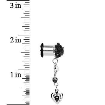 0G Black Flower Heart to Heart Dangle Plug Sizes 5mm to 12mm