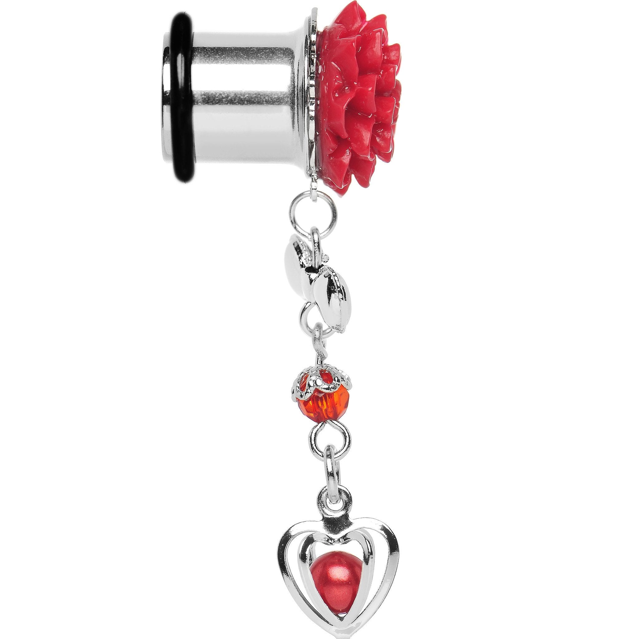 Red Flower Heart to Heart Dangle Plug Sizes 5mm to 00G