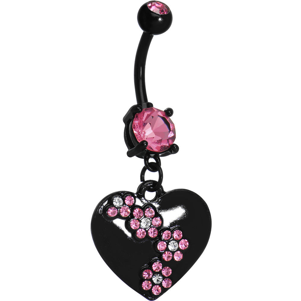 Pink Gem Floral Black Heart Dangle Belly Ring