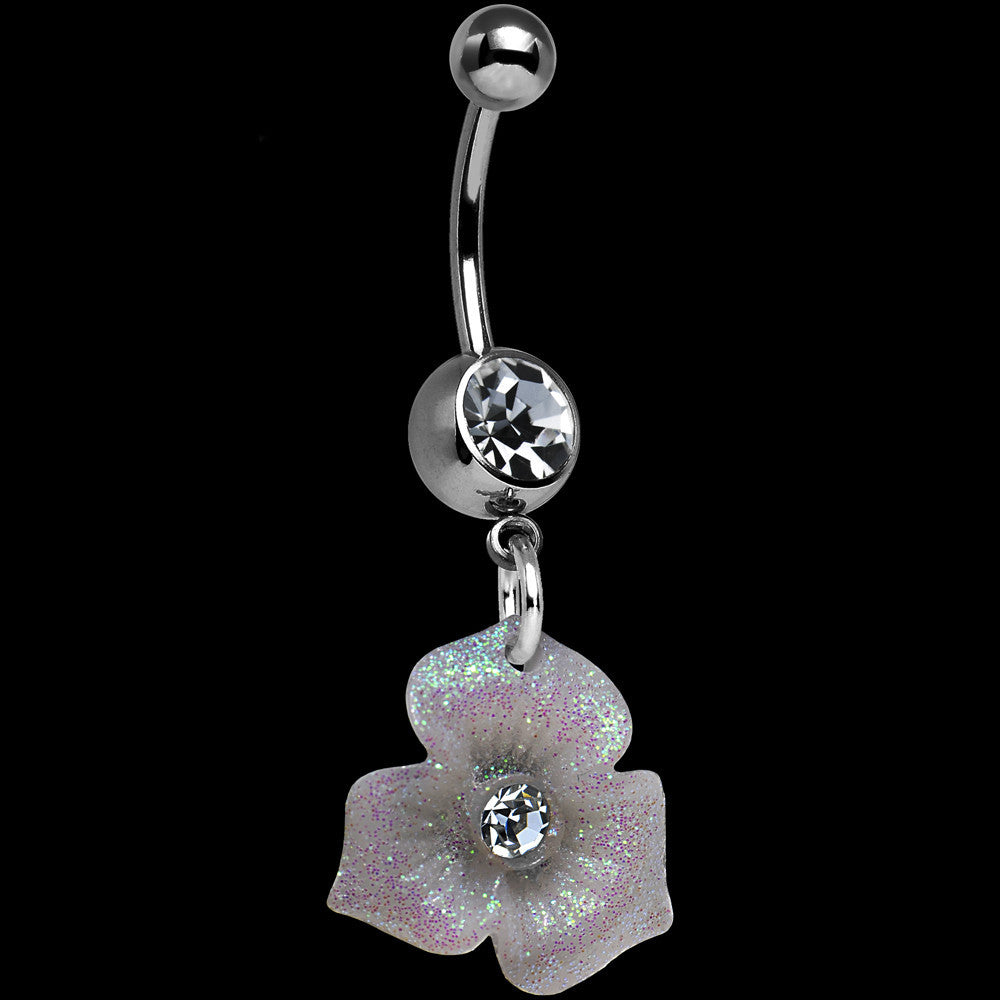 Crystalline Gem Three Petal Glitter Flower Dangle Belly Ring