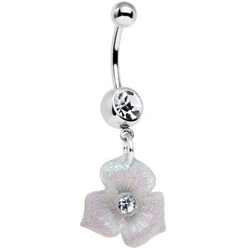 Crystalline Gem Three Petal Glitter Flower Dangle Belly Ring