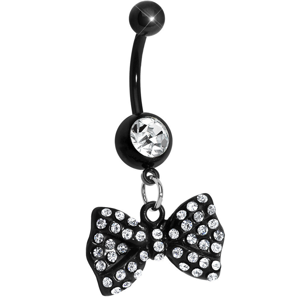 Black Crystalline Gem Paved Bow Dangle Belly Ring