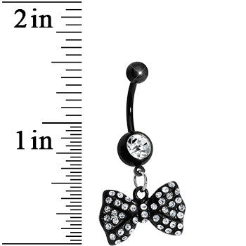 Black Crystalline Gem Paved Bow Dangle Belly Ring