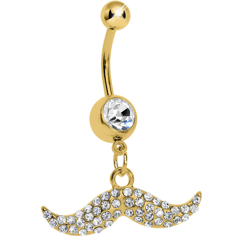 Gold Plated Crystalline Gem Paved Mustache Belly Ring