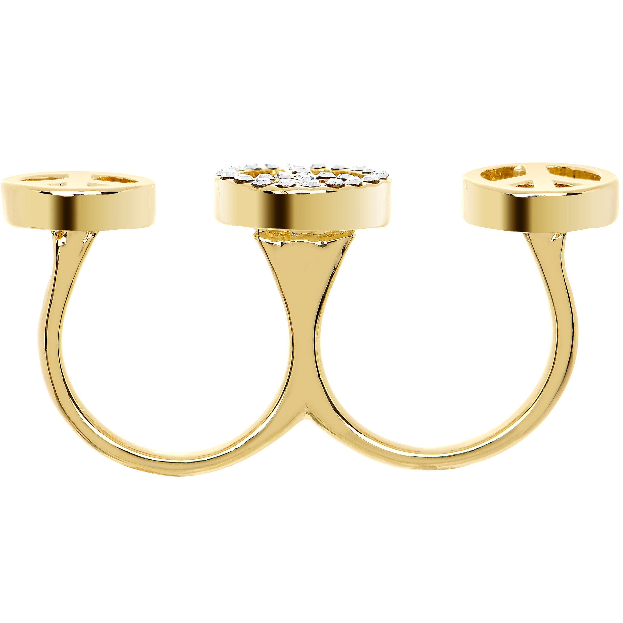 Clear Gem Gold Tone Triple Peace Sign Double Finger Ring