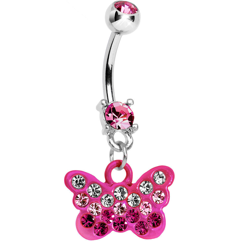 Double Pink Gem Crystalline Butterfly Dangle Belly Ring
