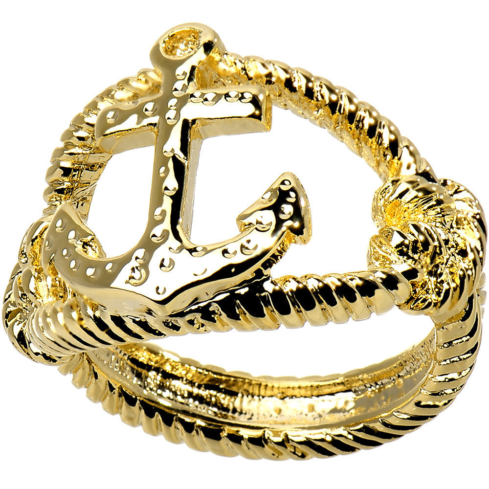 Gold Tone Nautical Anchor with Rope Ring - Size 7