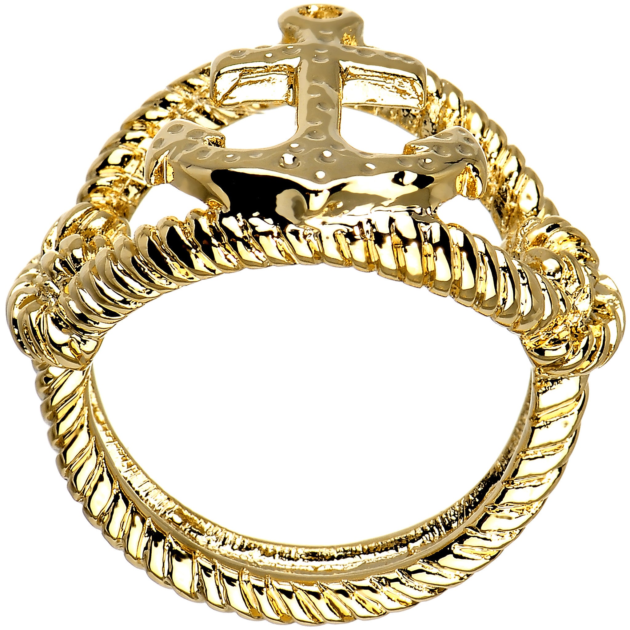 Gold Tone Nautical Anchor with Rope Ring - Size 7