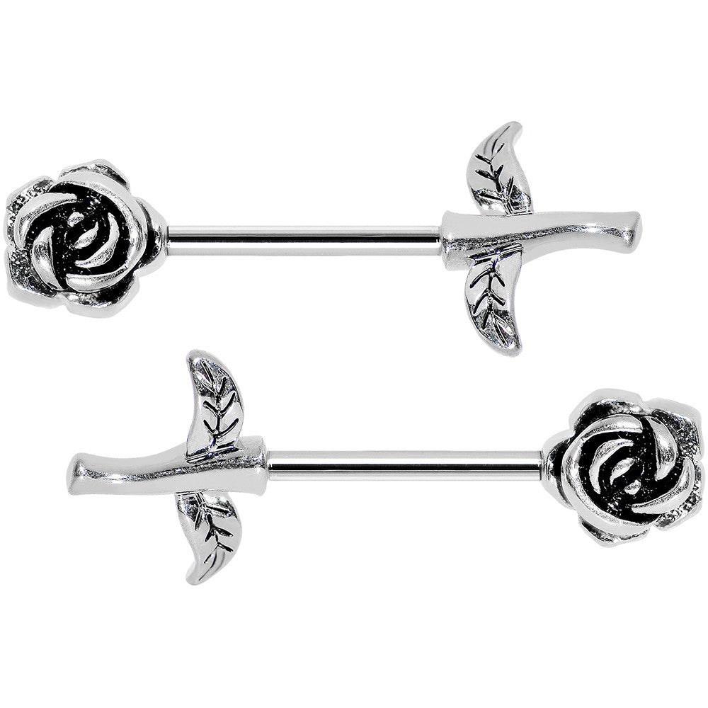 14G 5/8 Sprouting Rose Flower Barbell Nipple Ring Set