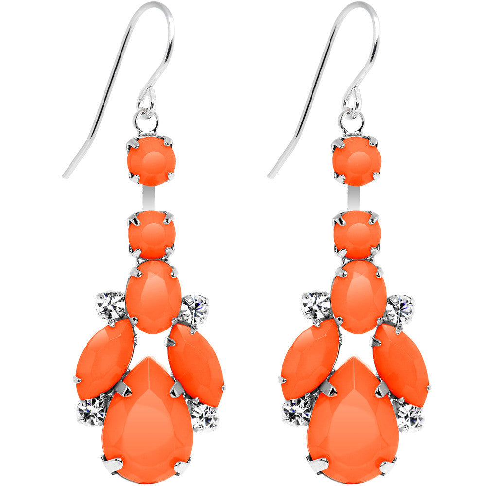 Clear Gem Orange Neon Bewitching Teardrops Chandelier Earrings