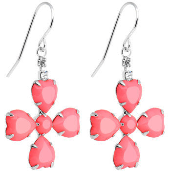 Clear Gem Pink Neon Four Leaf Flower Dangle Earrings
