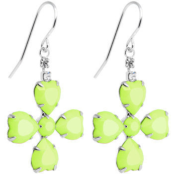 Clear Gem Green Neon Four Leaf Clover Dangle Earrings