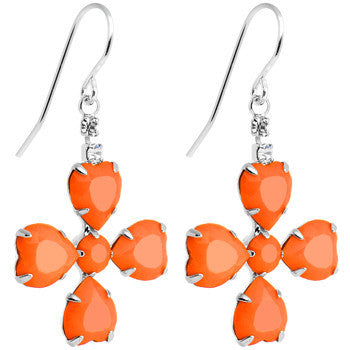 Clear Gem Orange Neon Four Leaf Flower Dangle Earrings
