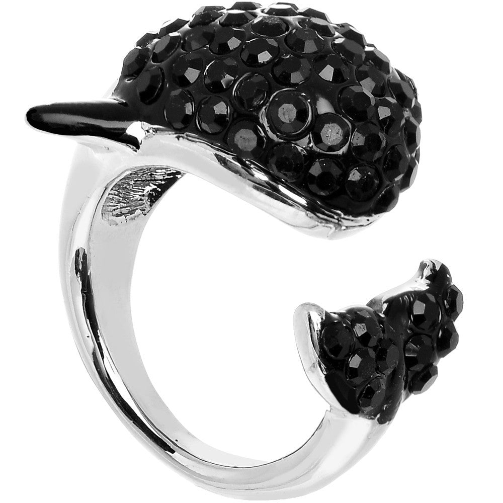 Size 7 Black Gem Silver Tone Paved Jumping Orca Ring