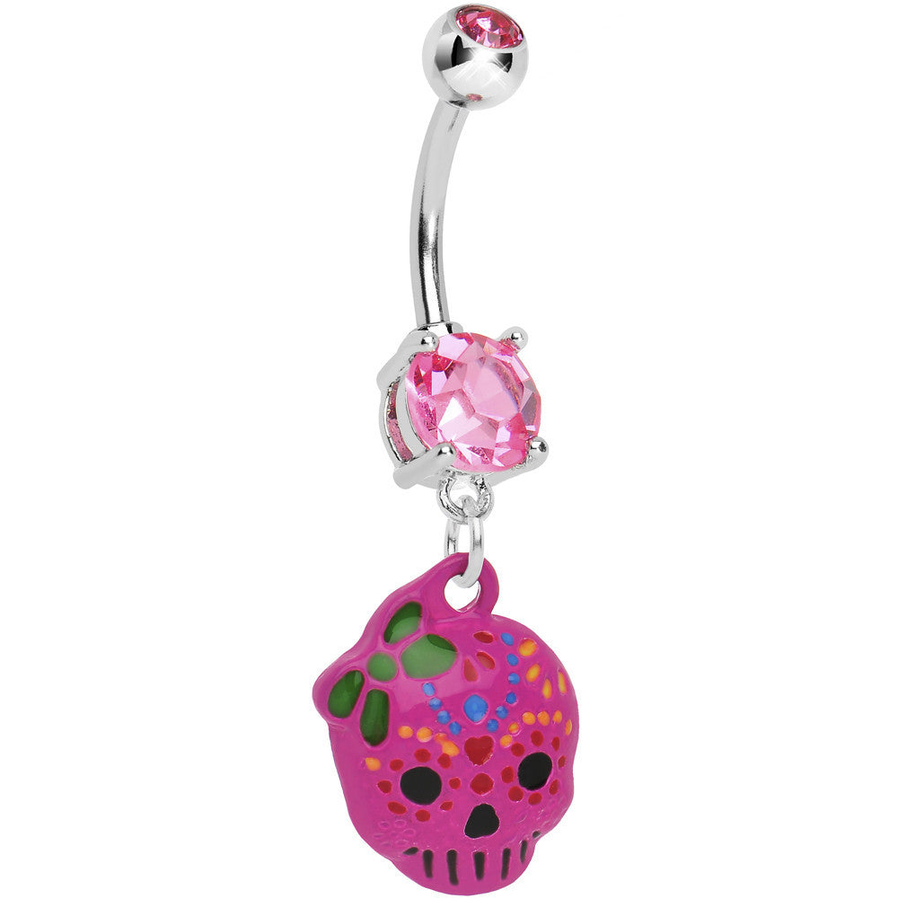 Pink Gem Girly Sugar Skull Dangle Belly Ring
