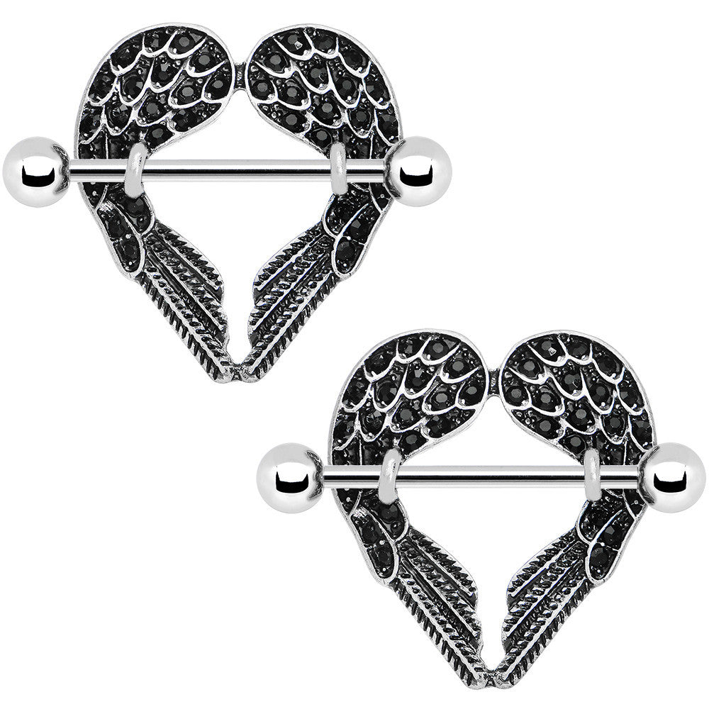 14G 5/8 Black Gem Angel Wings Nipple Shield Set