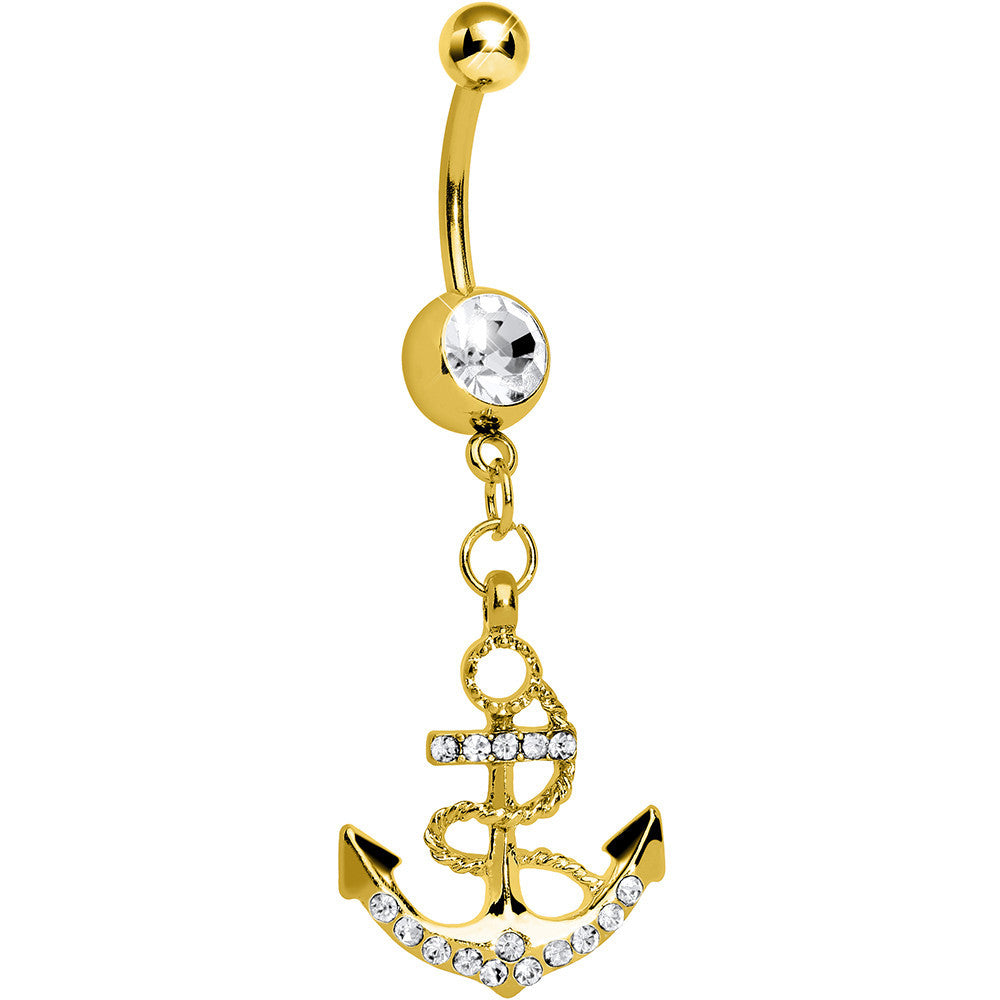 Crystalline Gem Gold Nautical Delight Anchor Dangle Belly Ring