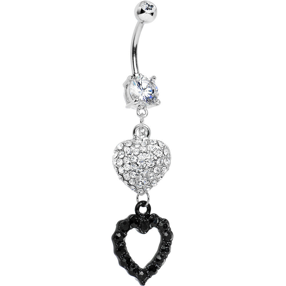 Crystalline Gem Paved Heart Black Gem Hollow Heart Dangle Belly Ring