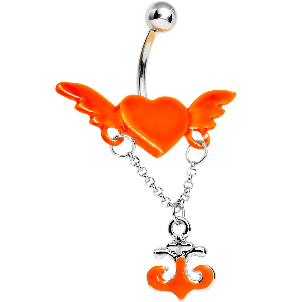 Neon Orange Angel Wing Heart with Nautical Anchor Drop Dangle Belly Ring