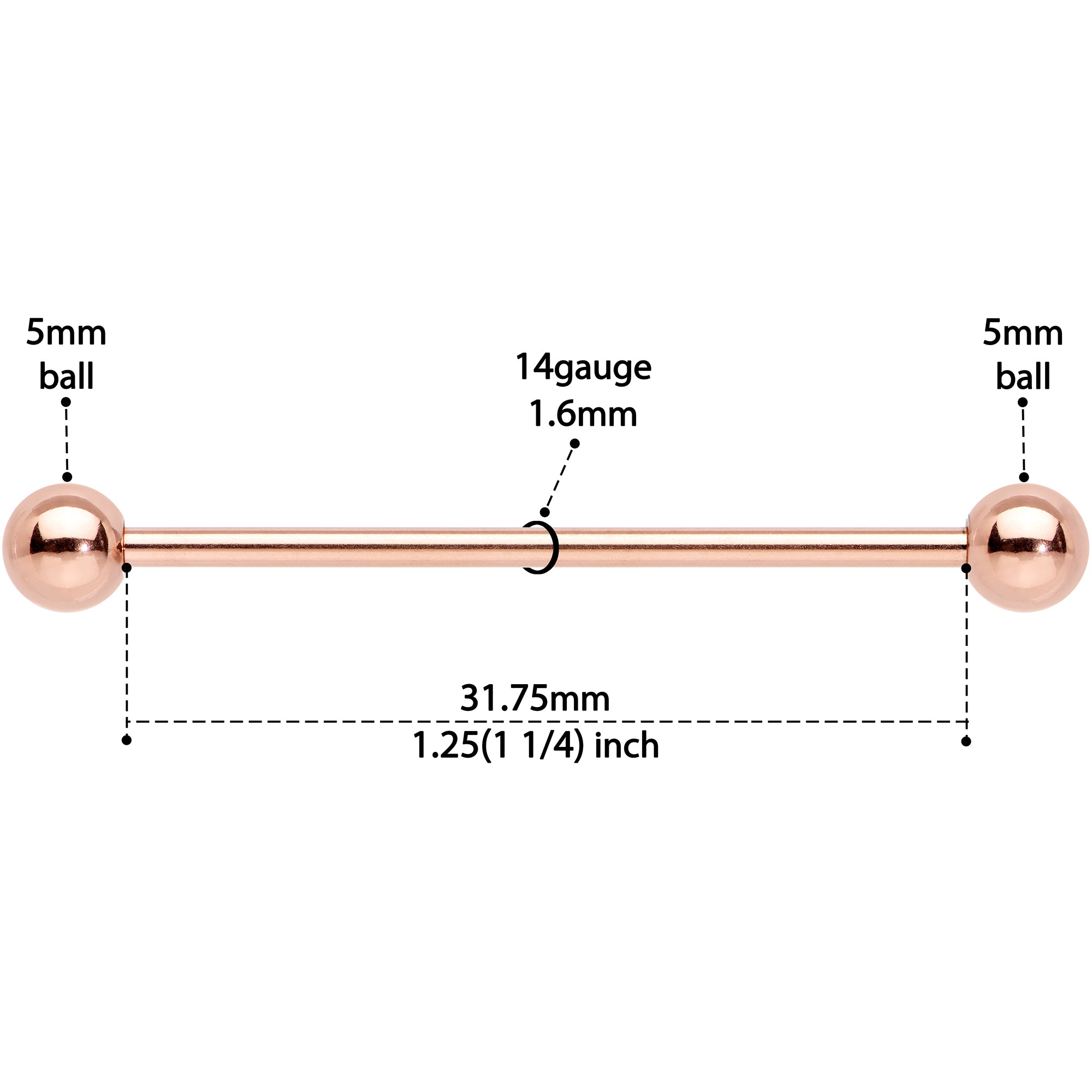 14G 1 1/4 Rose Gold Plated Straight Barbell